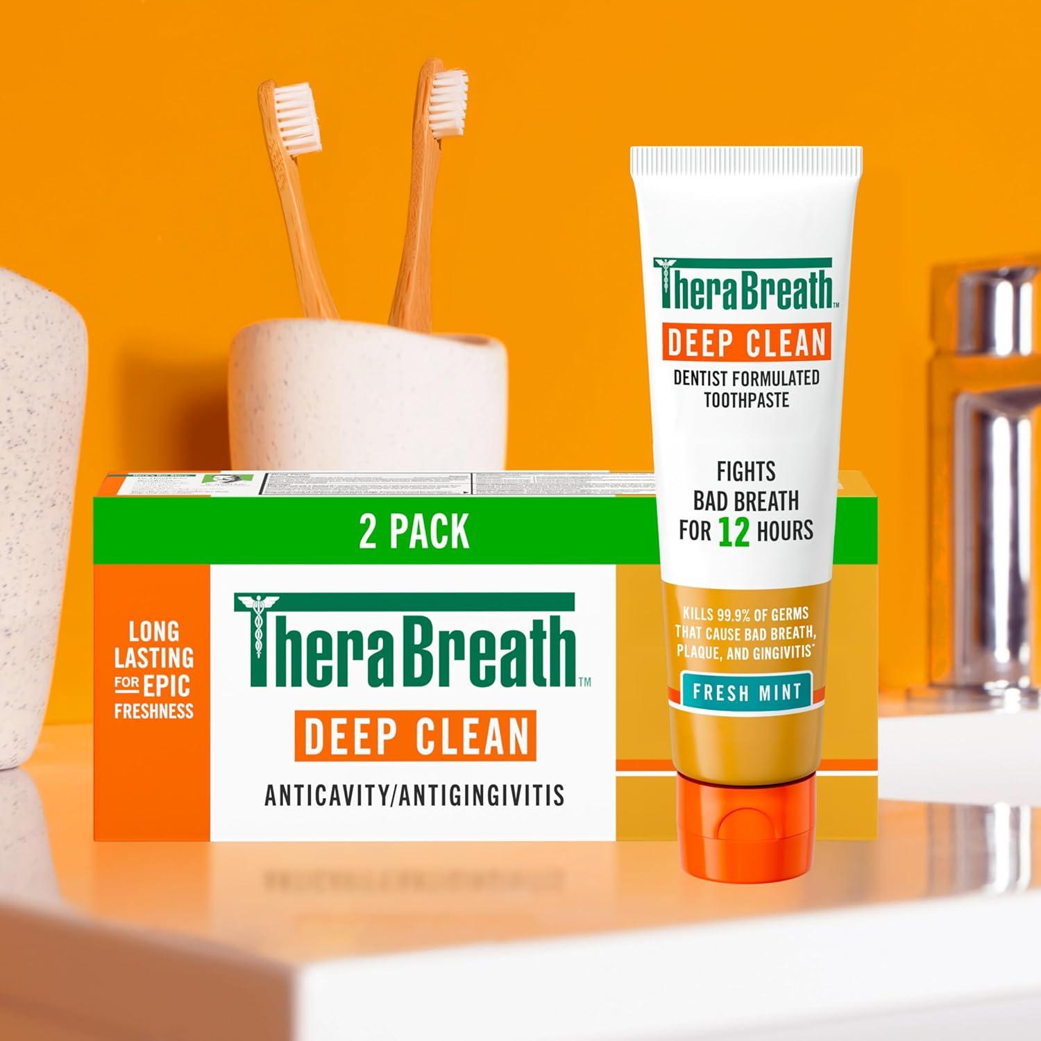 image:imageTheraBreath Deep Clean Toothpaste Kills 999 of Germs That Cause Bad Breath Gingivitis amp Plaque 1 Gentle Teeth Whitening with Fluoride for Anticavity Protection Fresh Mint 4 Oz 2PackToothpaste
