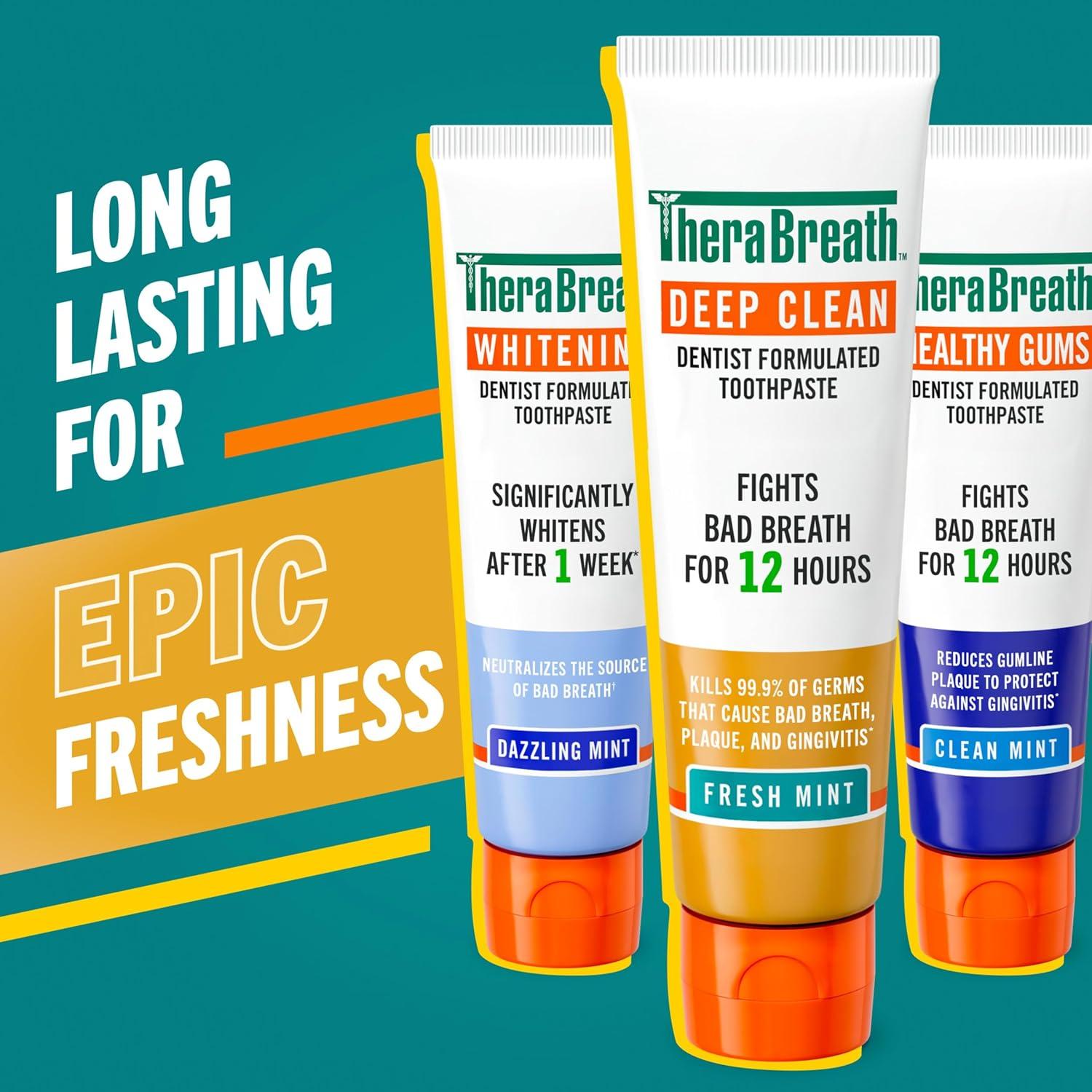 image:imageTheraBreath Deep Clean Toothpaste Kills 999 of Germs That Cause Bad Breath Gingivitis amp Plaque 1 Gentle Teeth Whitening with Fluoride for Anticavity Protection Fresh Mint 4 Oz 2PackToothpaste