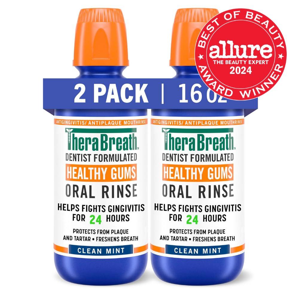 image:imageTheraBreath Healthy Gums Oral Rinse Antigingivitis Clean Mint Flavor Dentist Formulated to Help Prevent Gingivitis and Support Gum Health Alcohol Free 16 Fl Oz Pack of 2Mouthwash