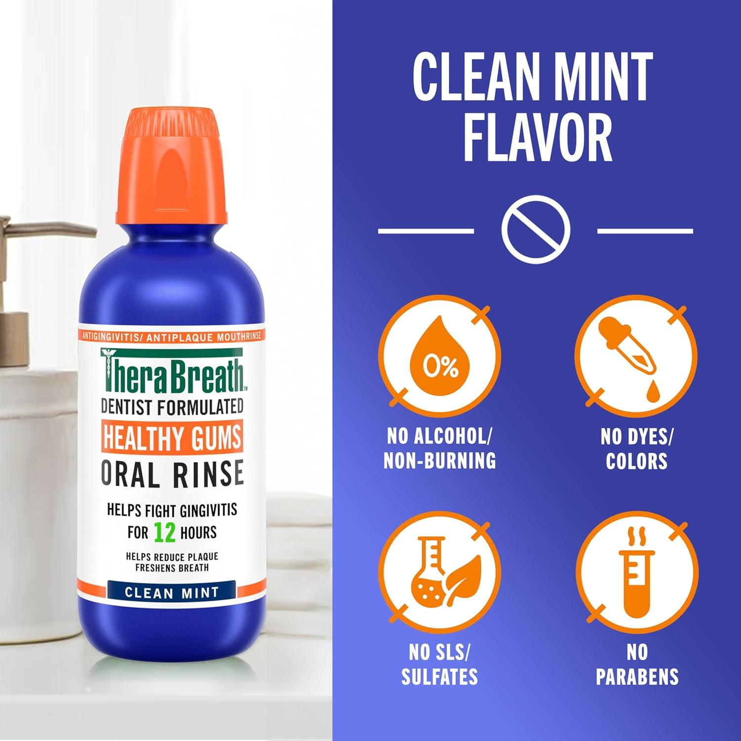 image:imageTheraBreath Healthy Gums Oral Rinse Antigingivitis Clean Mint Flavor Dentist Formulated to Help Prevent Gingivitis and Support Gum Health Alcohol Free 16 Fl Oz Pack of 2Mouthwash