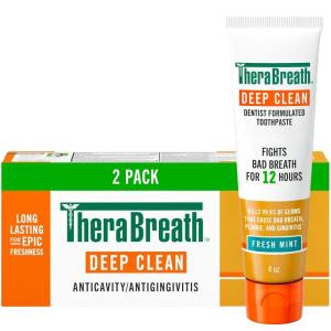 TheraBreath Deep Clean Toothpaste, Kills 99.9% of Germs That Cause Bad Breath, Gingivitis & Plaque (1), Gentle Teeth Whitening with Fluoride for Anticavity Protection, Fresh Mint, 4 Oz, 2-Pack(Toothpaste)