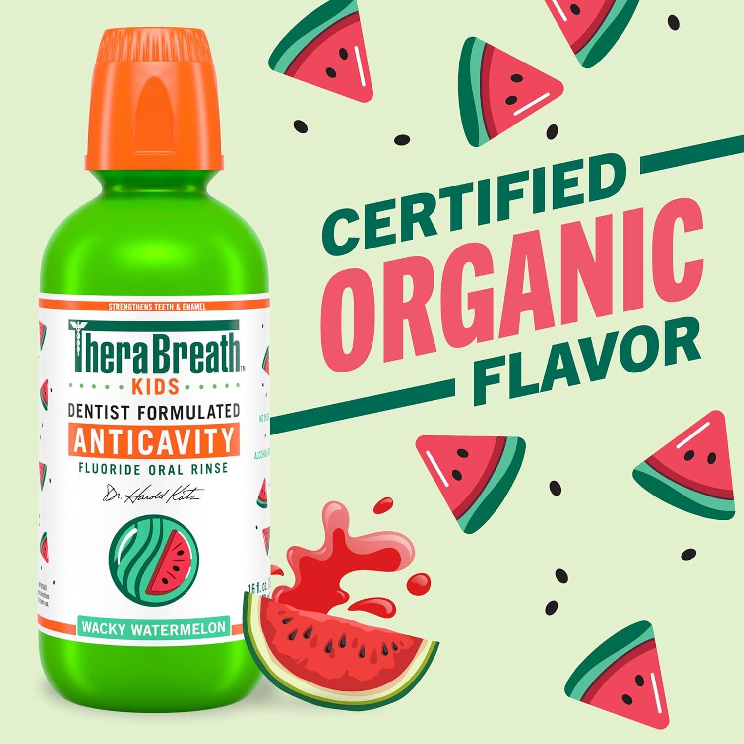 image:imageTheraBreath Kids Anticavity Fluoride Oral Rinse Strengthens Teeth amp Enamel Alcohol Free amp Dye Free Certified Organic Bubblegum Blast Flavor 16 Fl ozOrganic Wacky Watermelon Mouthwash
