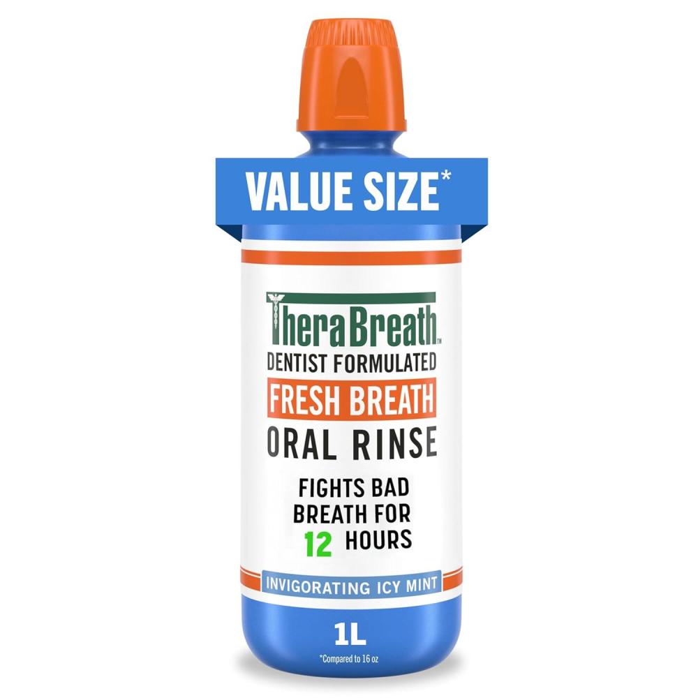 image:imageTheraBreath Fresh Breath Oral Rinse Invigorating ICY Mint Flavor Dentist Formulated and ADAAccepted Mouthwash for Bad Breath pHBalanced Alcohol Free amp NonBurning 1 Liter338 Fl Oz Pack of 1