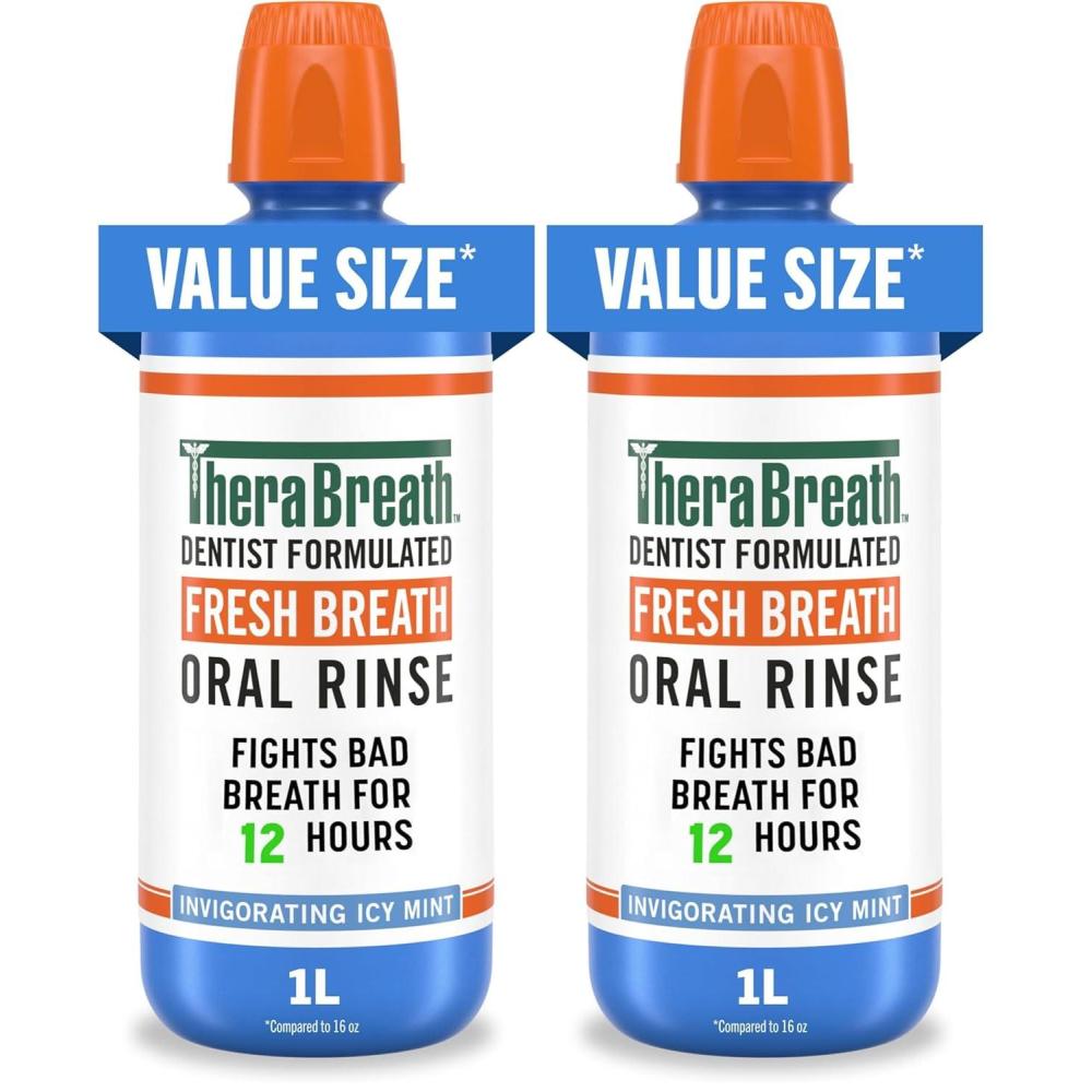 image:imageTheraBreath Fresh Breath Oral Rinse Invigorating ICY Mint Flavor Dentist Formulated and ADAAccepted Mouthwash for Bad Breath pHBalanced Alcohol Free amp NonBurning 1 Liter338 Fl Oz Pack of 2
