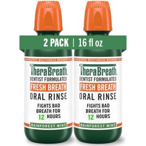 TheraBreath Fresh Breath Mouthwash, Rainforest Mint, Alcohol-Free, 16 Fl Oz (2-Pack)(Rainforest Mint)