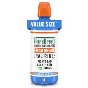 TheraBreath Fresh Breath Oral Rinse, Invigorating ICY Mint Flavor, Dentist Formulated and ADA-Accepted Mouthwash for Bad Breath pH-Balanced, Alcohol Free & Non-Burning, 1 Liter(3.38 Fl Oz (Pack of 1))