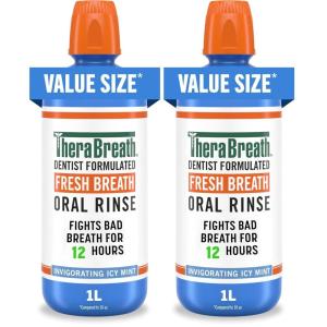 TheraBreath Fresh Breath Oral Rinse, Invigorating ICY Mint Flavor, Dentist Formulated and ADA-Accepted Mouthwash for Bad Breath pH-Balanced, Alcohol Free & Non-Burning, 1 Liter(3.38 Fl Oz (Pack of 2))