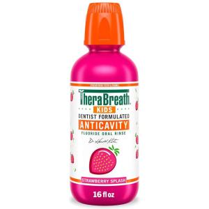 TheraBreath Kids Anticavity Fluoride Oral Rinse, Strengthens Teeth & Enamel, Alcohol Free & Dye Free, Certified Organic Bubblegum Blast Flavor, 16 Fl oz(Organic Strawberry Splash)
