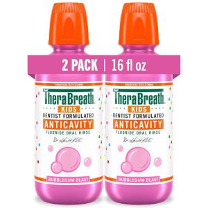 TheraBreath Kids Anticavity Fluoride Oral Rinse, Strengthens Teeth & Enamel, Alcohol Free & Dye Free, Certified Organic Bubblegum Blast Flavor, 16 Fl Oz, 2-Pack